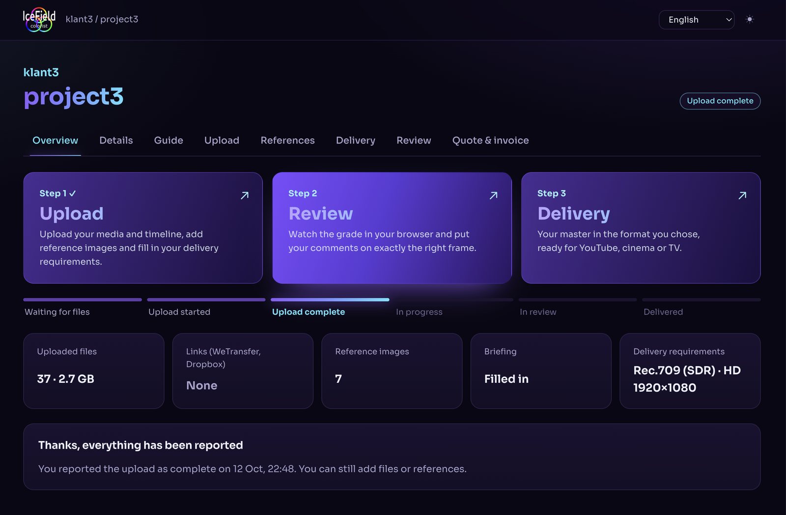 Studio IceField client portal overview for a project: the three steps Upload, Review and Delivery, a progress bar from 'Waiting for files' to 'Delivered', and cards for uploaded files, reference images, briefing and delivery requirements
