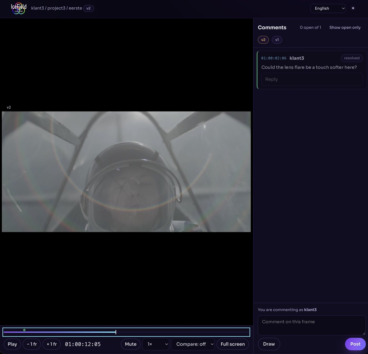 Review screen of the Studio IceField client portal with a timecoded client comment next to the video