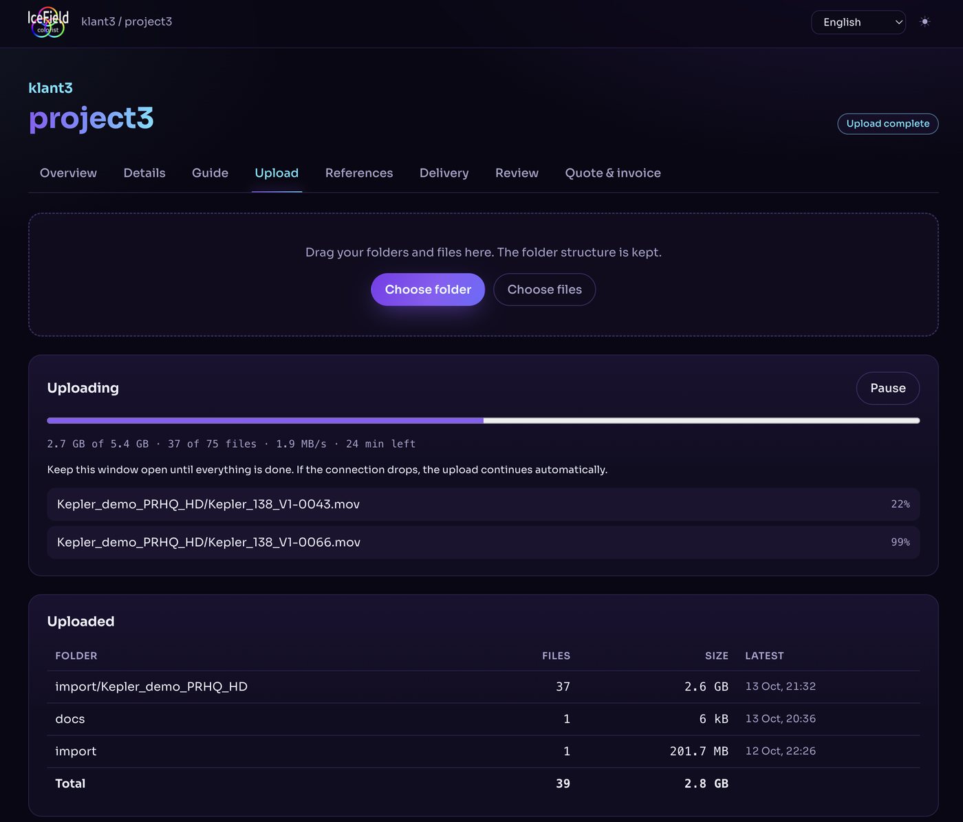 Upload tab of the Studio IceField client portal with a folder upload in progress and a table of uploaded folders